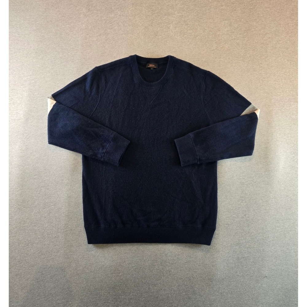 Quince Cashmere Sweatshirt Mens Large Navy Blue Striped Sleeve Mongolian Knit